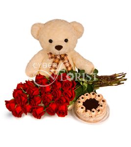 teddy with roses and cake